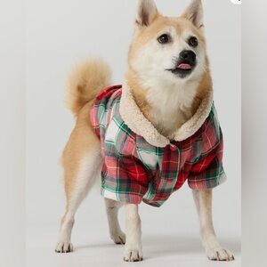 Aerie Offleash Red and Green Plaid Dog Coat with Sherpa Trim
